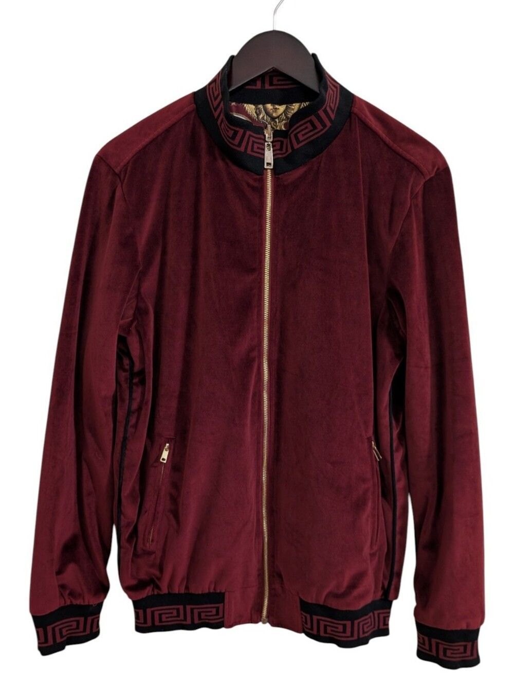 Barabas Men's Reversible Bomber Jacket Burgundy Velour Baroque Print Size M